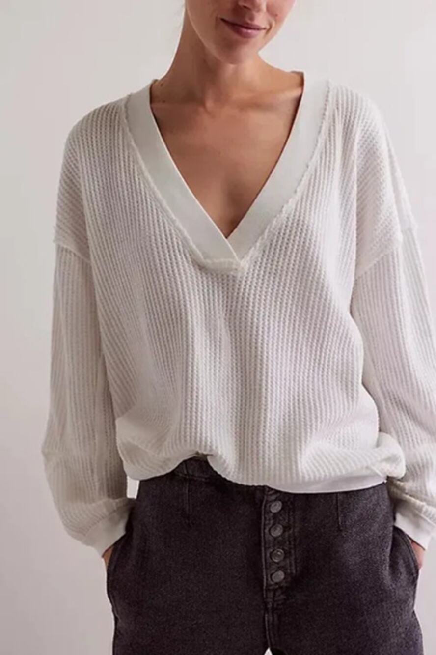 We The Free Ricky Thermal V-Neck Ribbed Knit Long Sleeve T-Shirt White M